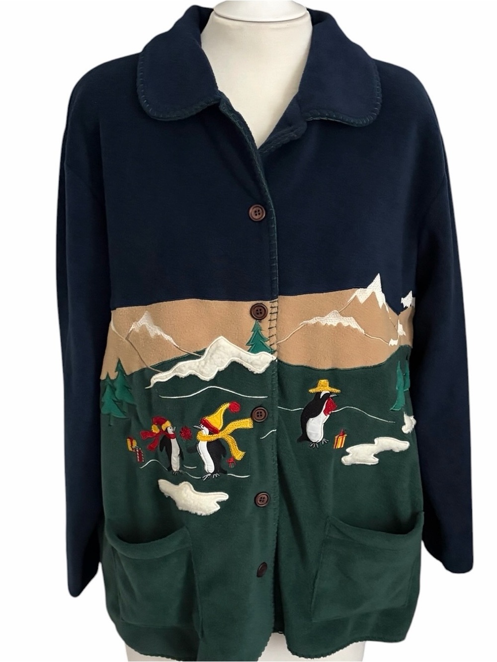 Vtg Karen Scott Women's Fleece Jacket Penguin Ice Skating Embroidered Size L